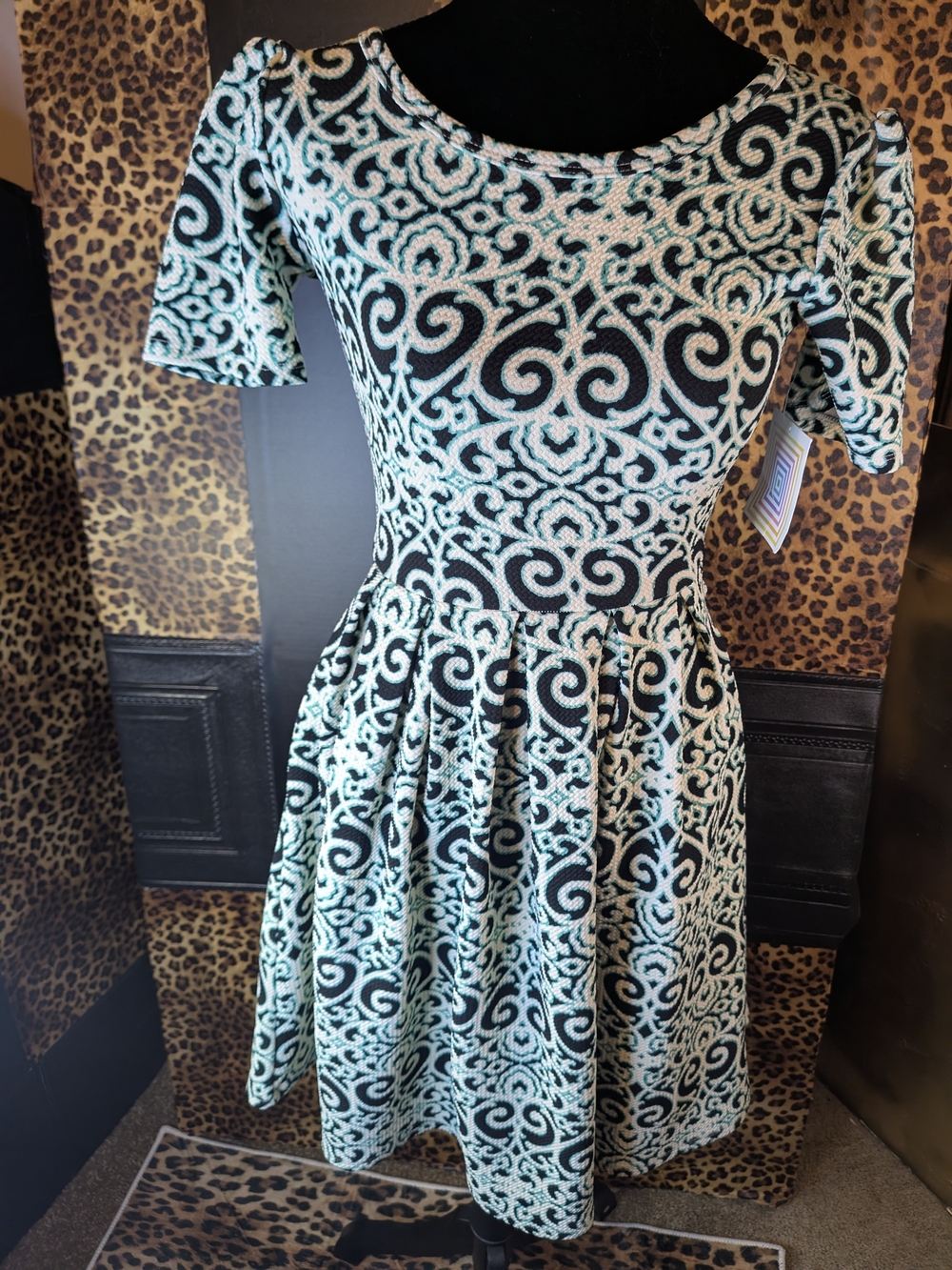 LuLaRoe Black and Turquoise Swirl Fit-and-Flare Midi Dress XXS NWT